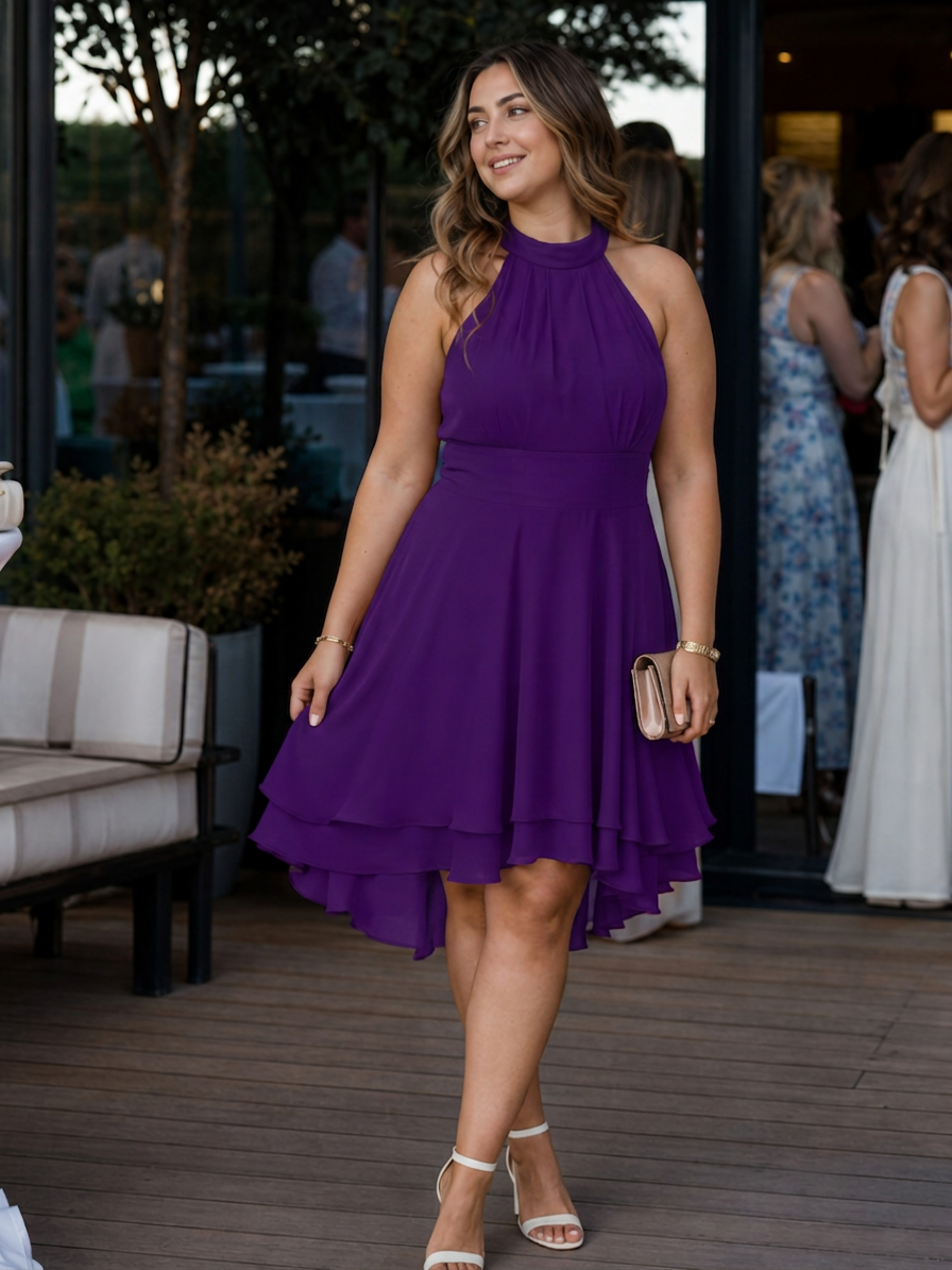 Women's Lightweight Halter Neck Knee Length Dress with Layered Hem for Warm Days – Curve & Bloom