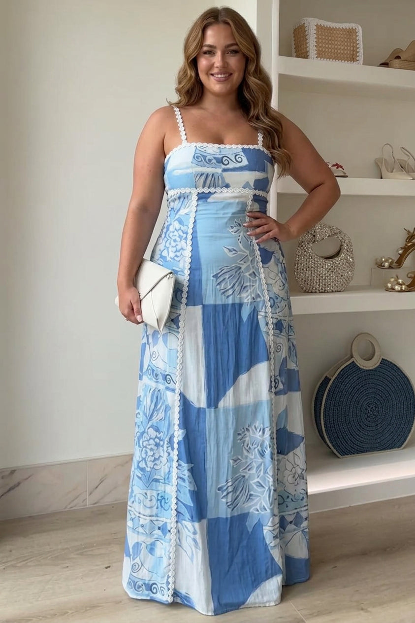 blue ric rac dress Women's Strap Bow Back Printed Maxi with Breathable Comfort for Summer – Curve & Bloom Elastic band at the