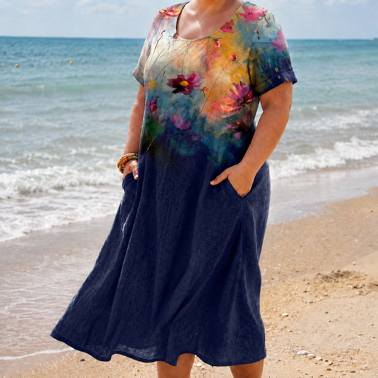Women's Polyester Pocket Dress with Functional Pockets for Everyday Wear
