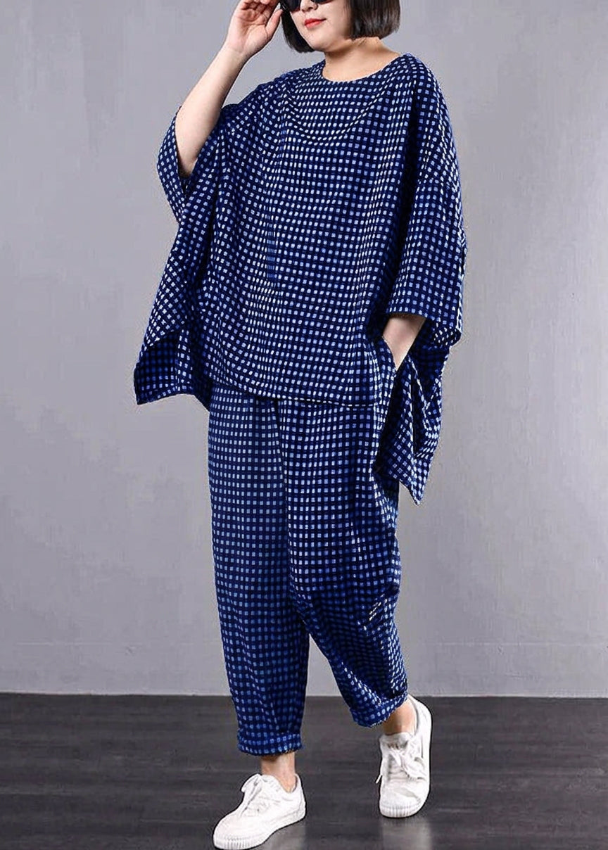 Elke - Casual Plus Size Cotton Linen red Plaid Vintage Blouse And Pants