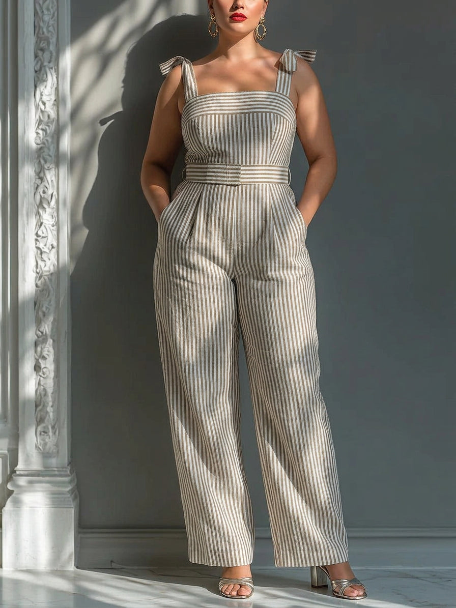 Gwendolyn - Beige Stripe Linen-Blend Tie-Shoulder Jumpsuit