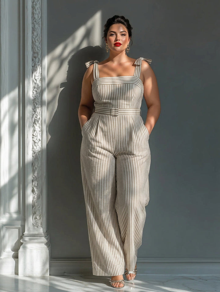 Gwendolyn - Beige Stripe Linen-Blend Tie-Shoulder Jumpsuit