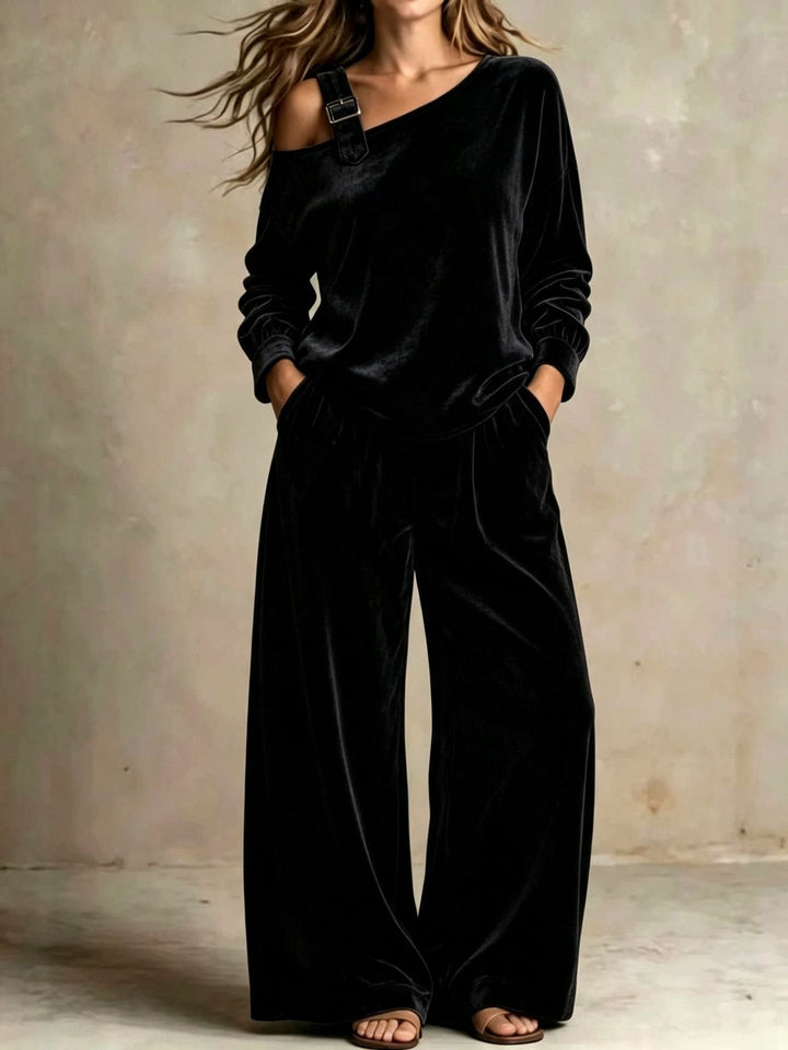 Velvet Off-Shoulder Two-Piece Set, Soft Matching Outfit