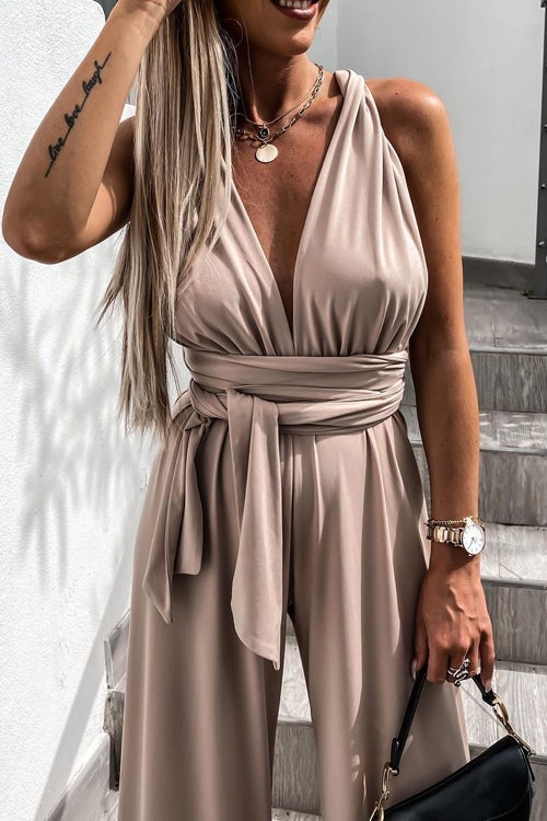 Edith - Solid Color Slim V Neck Lace Up Sleeveless Jumpsuit
