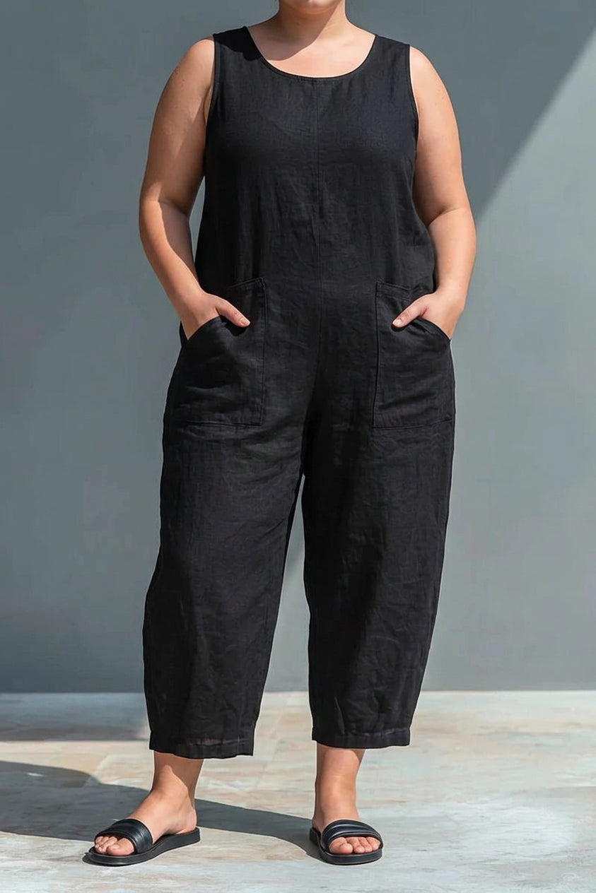 Signy - Black Linen-Blend Collar Jumpsuit