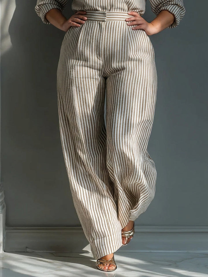 Gwendolyn - Beige Stripe Linen-Blend Tie-Shoulder Jumpsuit