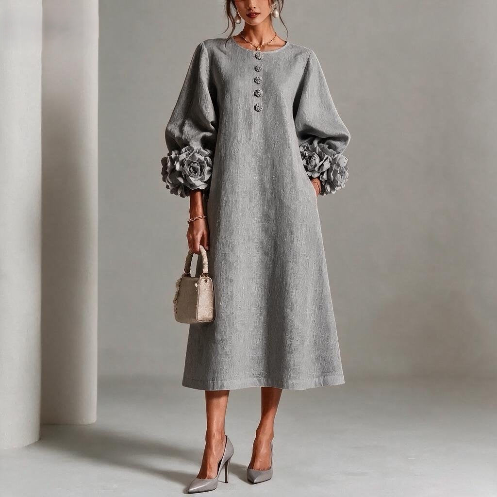 A-Line Midi Dress with Puff Sleeves and 3D Flower Details