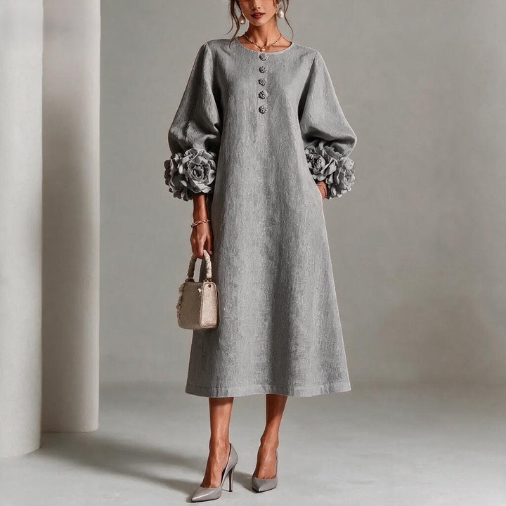 A-Line Midi Dress with Puff Sleeves and 3D Flower Details
