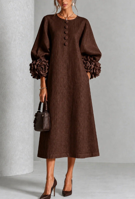 A-Line Midi Dress with Puff Sleeves and 3D Flower Details