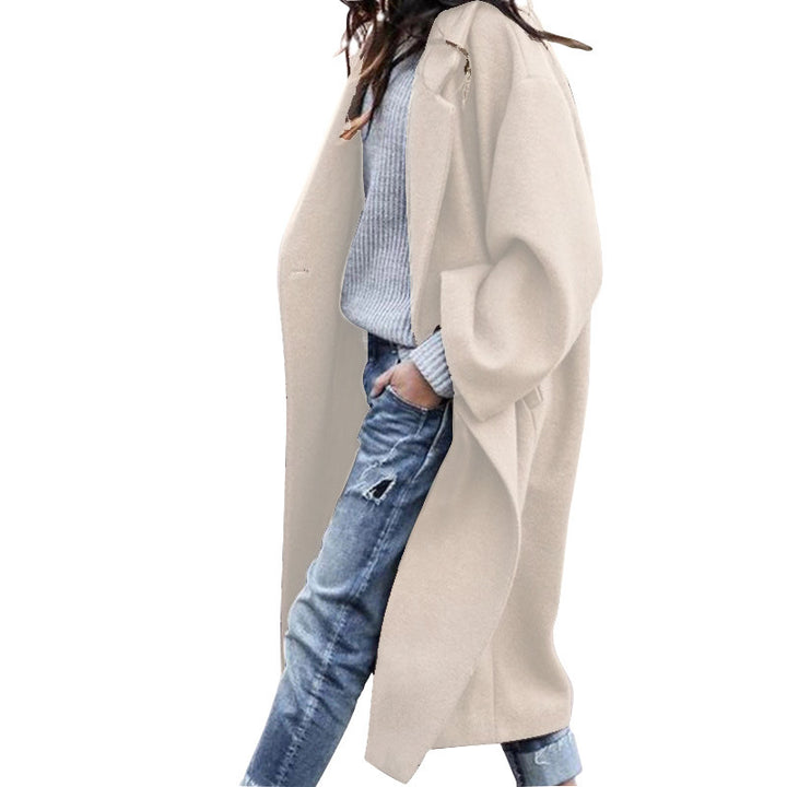 Long Woolen Coat with Pockets, Single-Breasted Lapel Jacket