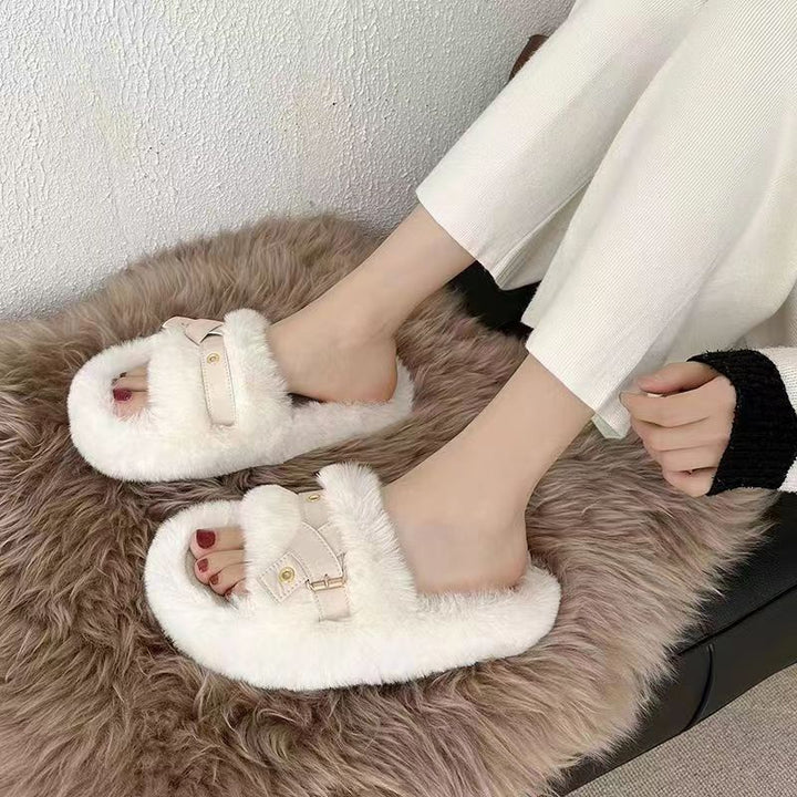Fluffy Open Toe Slippers for Women with Faux Leather Ring