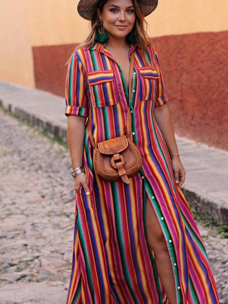 Lark | Summer Casual Striped Printed Shirt Maxi Skirt