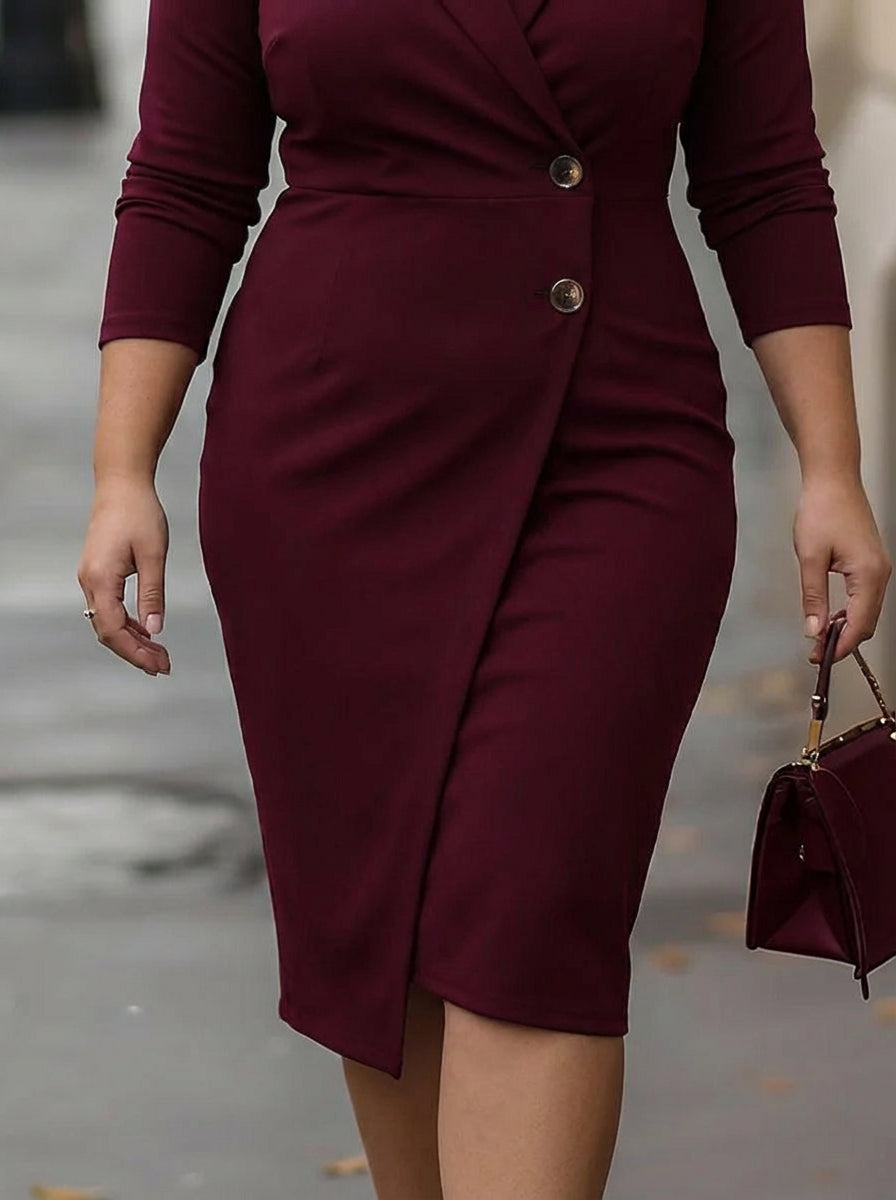Greer | Burgundy Wrap-Style Buttoned Midi Dress