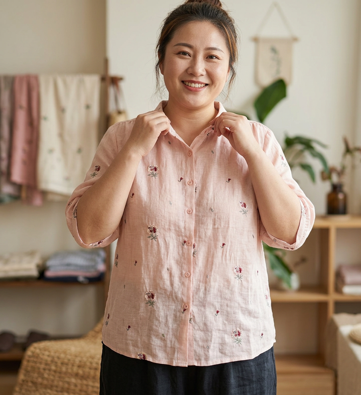 Rin - Cotton Floral Embroidered Comfortable Shirt