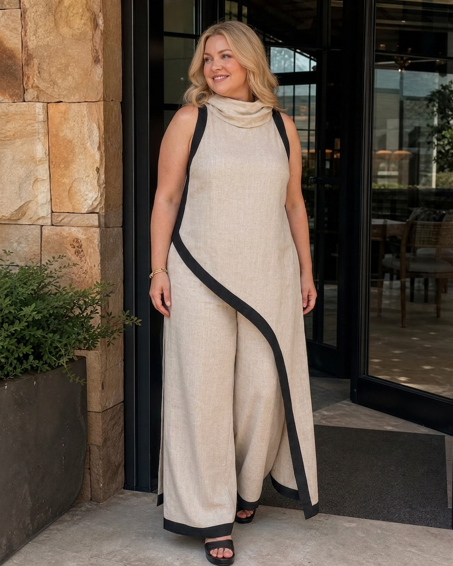 Genevieve | Contrast Trim Sleeveless Layered Top And Wide Leg Pants Set