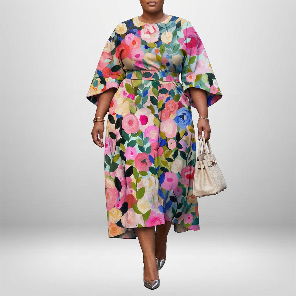 BONNIE | Bloom Print Midi with Sculpted Waist and Flowing Grace