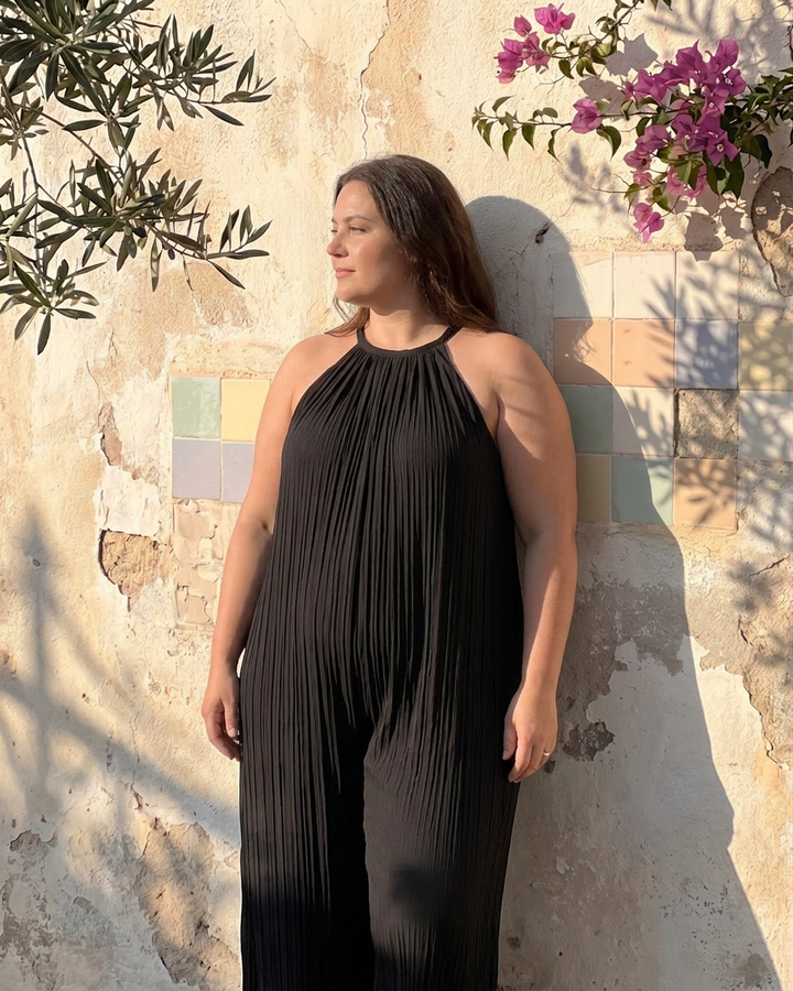 Wanda | Pleated Halter Neck Wide Leg Relaxed Jumpsuit