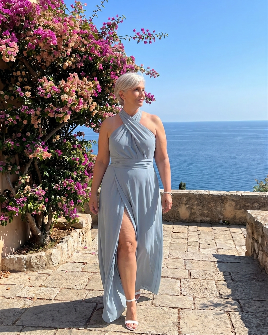Nia | Cross Halter Draped Side Slit Midi Dress