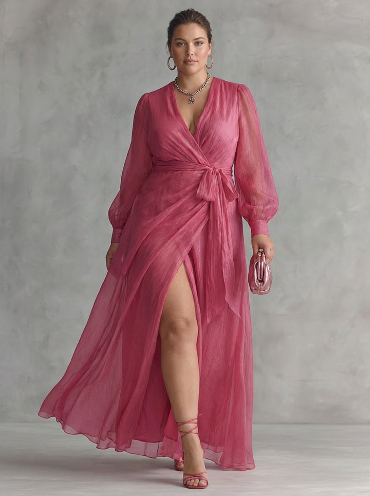 Elegant long pink chiffon dress with pearls and V-neck for women