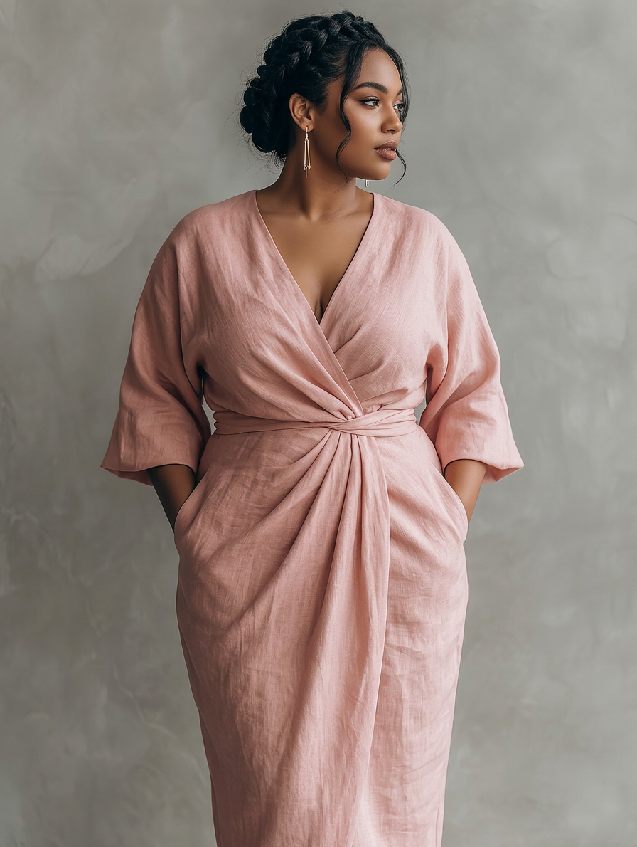 Pink Minimalist Maxi Dress with V-Neck for Women