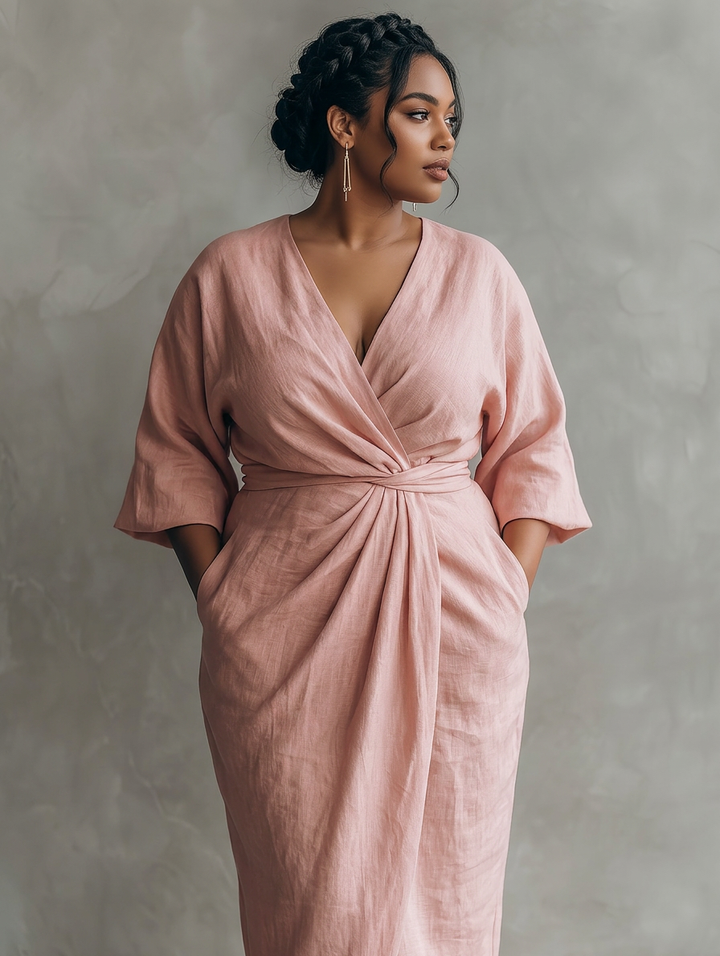 Pink Minimalist Maxi Dress with V-Neck for Women
