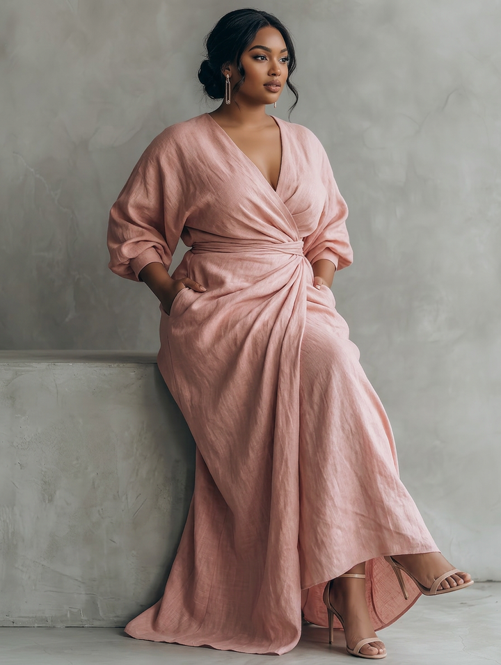 Pink Minimalist Maxi Dress with V-Neck for Women