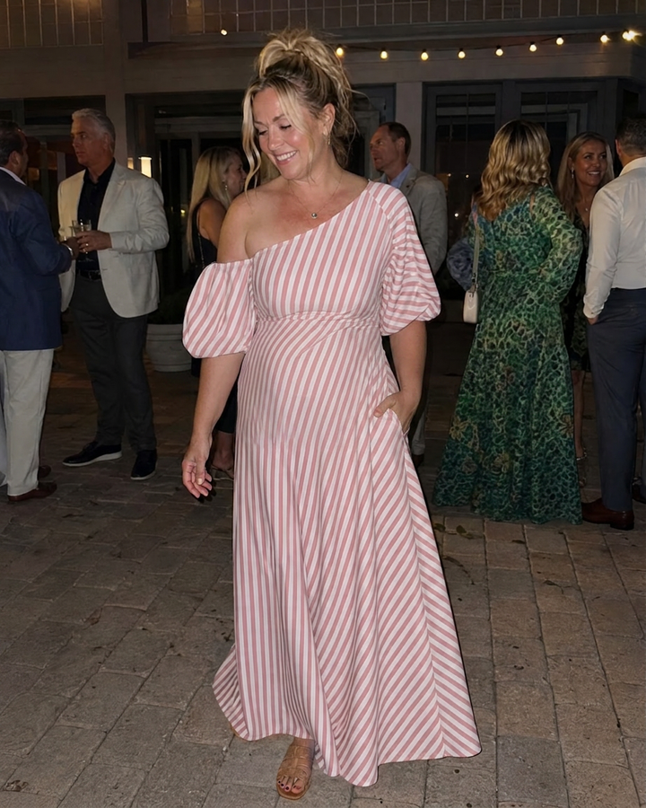 Seraphina | Striped Off Shoulder Puff Sleeve Midi Dress