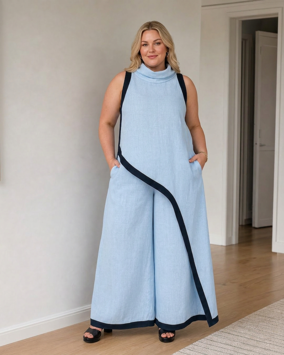 Genevieve | Contrast Trim Sleeveless Layered Top And Wide Leg Pants Set