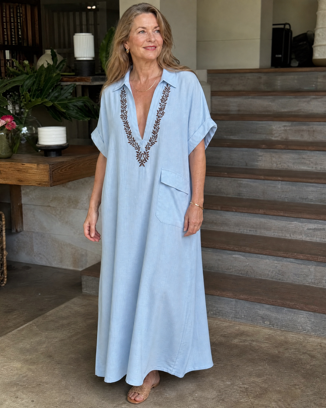 Posy | Embroidered V Neck Pocket Detail Relaxed Maxi Dress