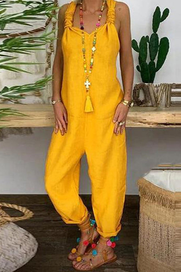 Bellamy - Solid Cross-back Cotton Linen Loose Jumpsuit