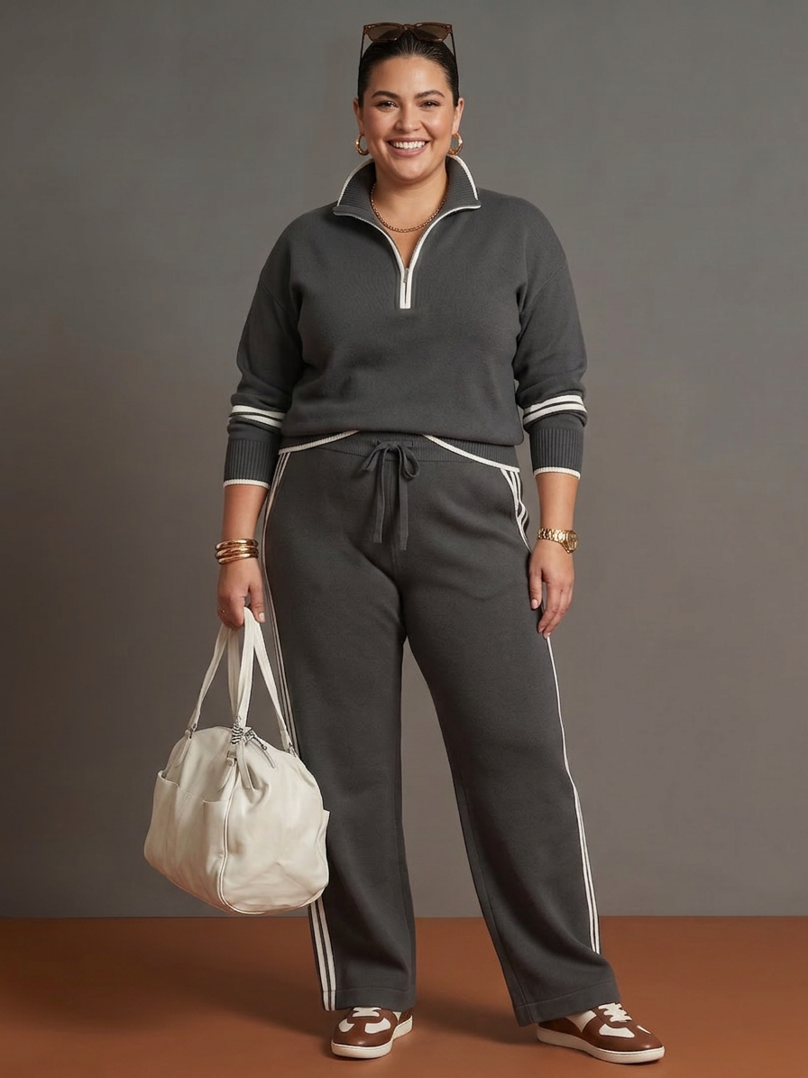 Greer | Zip Neck Long Sleeve Side Stripe Leg Pants Set