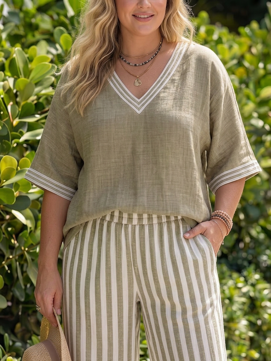 Anya | Contrast V Neck Tunic Stripe Pant Set