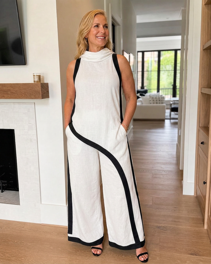 Genevieve | Contrast Trim Sleeveless Layered Top And Wide Leg Pants Set