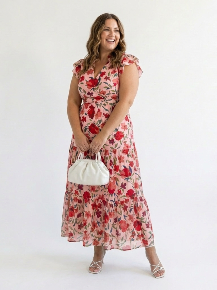 Theodora | Floral V-Neck Tiered Midi Dress