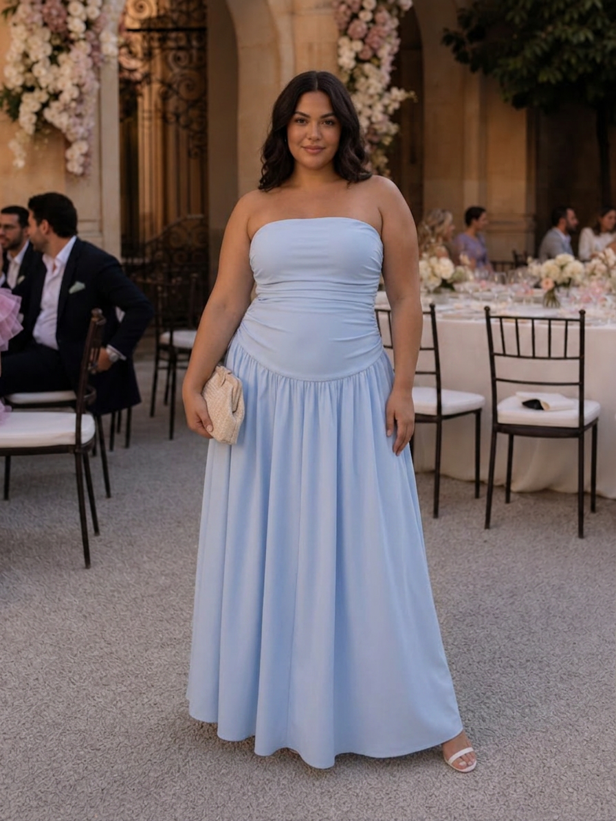 Clemence | Strapless Ruched Bodice Midi Dress