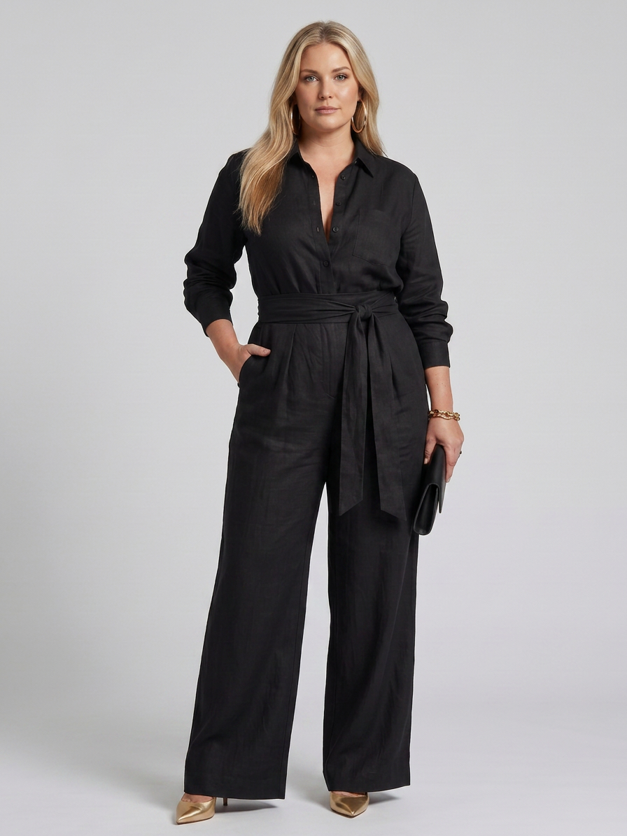 Bonnie | Long Sleeve Button Front Wide Leg Jumpsuit