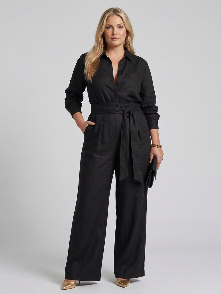 Bonnie | Long Sleeve Button Front Wide Leg Jumpsuit