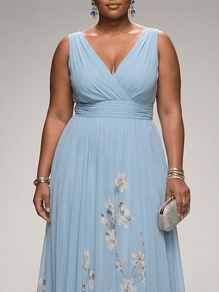 Salma | Light Blue Floral Chiffon V-Neck Maxi Dress