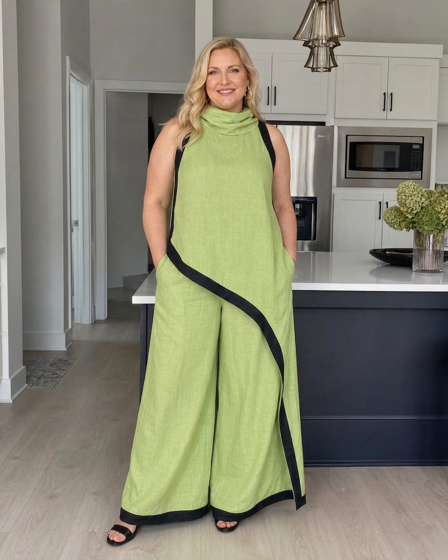 Genevieve | Contrast Trim Sleeveless Layered Top And Wide Leg Pants Set
