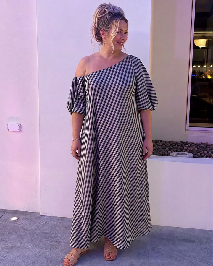 Seraphina | Striped Off Shoulder Puff Sleeve Midi Dress