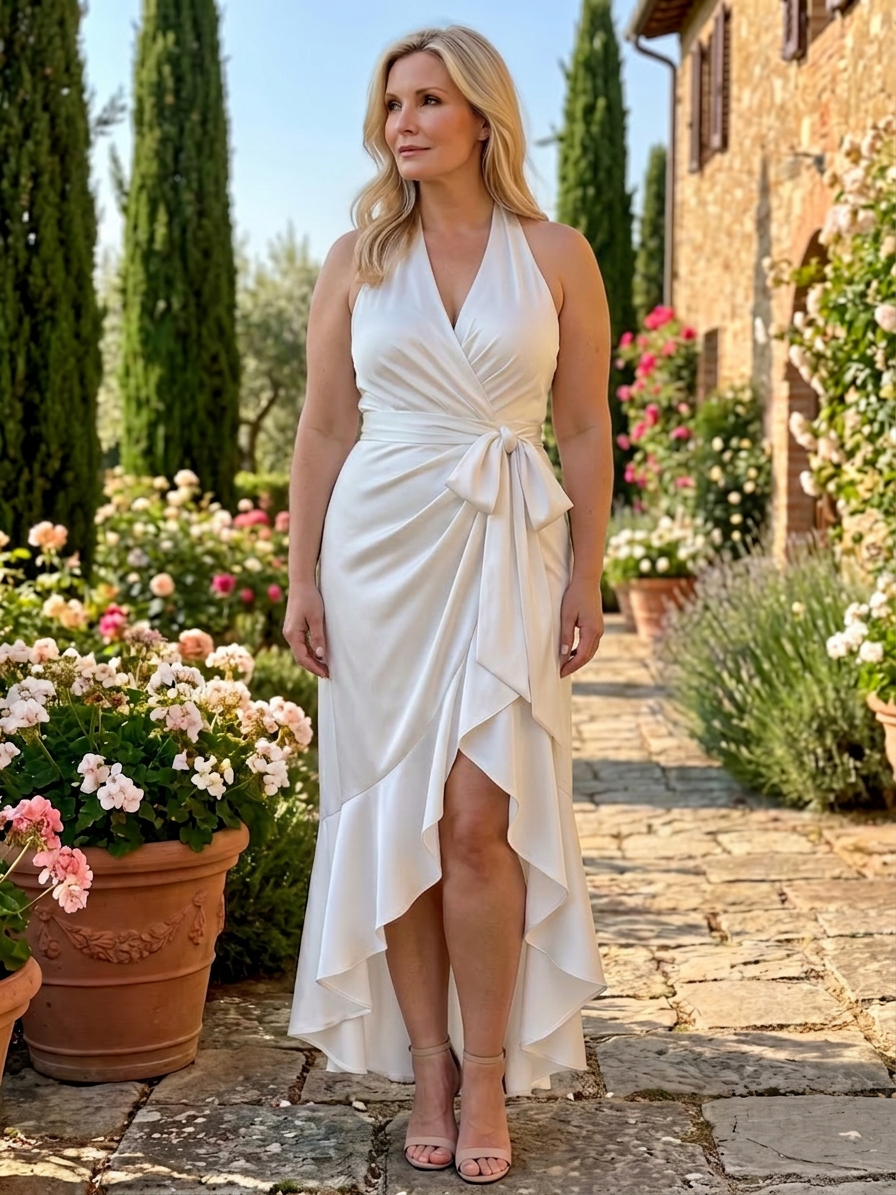 Amina | Halter Neck Wrap Asymmetric Hem Midi Dress