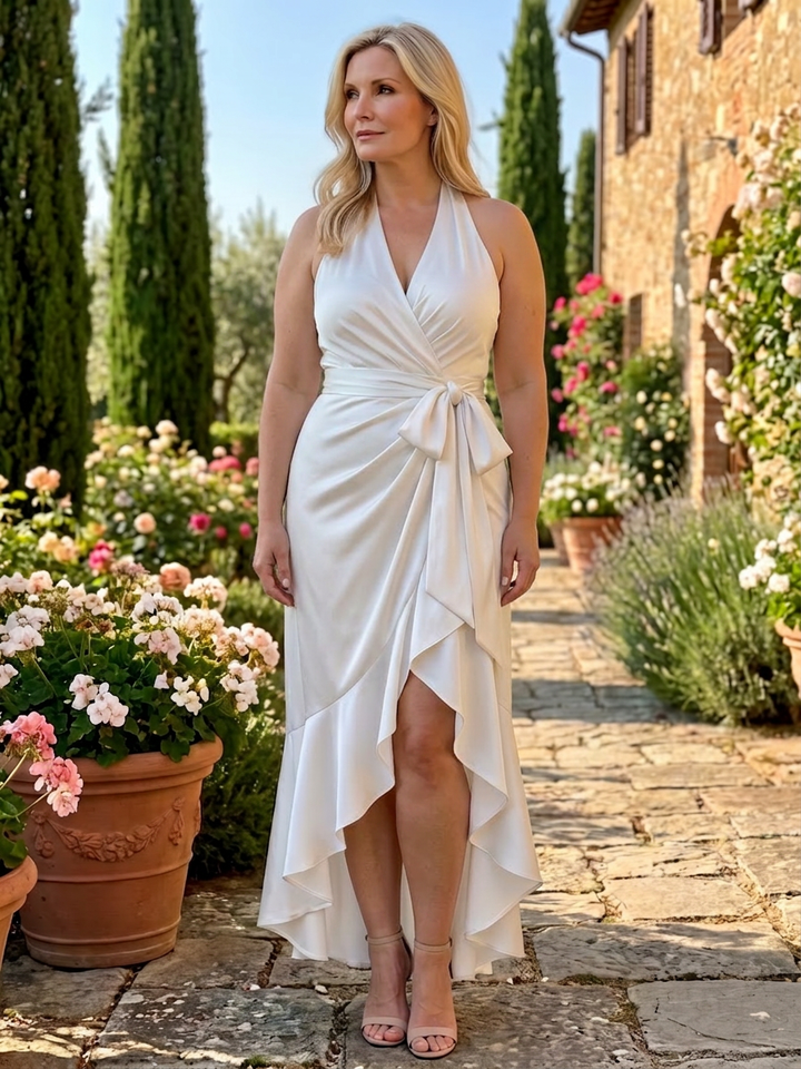 Amina | Halter Neck Wrap Asymmetric Hem Midi Dress