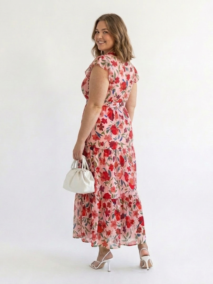 Theodora | Floral V-Neck Tiered Midi Dress