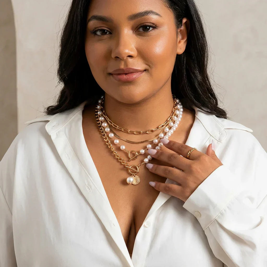 Vintage Pearl &amp; Gold Snake Chain Necklace Set | Gold