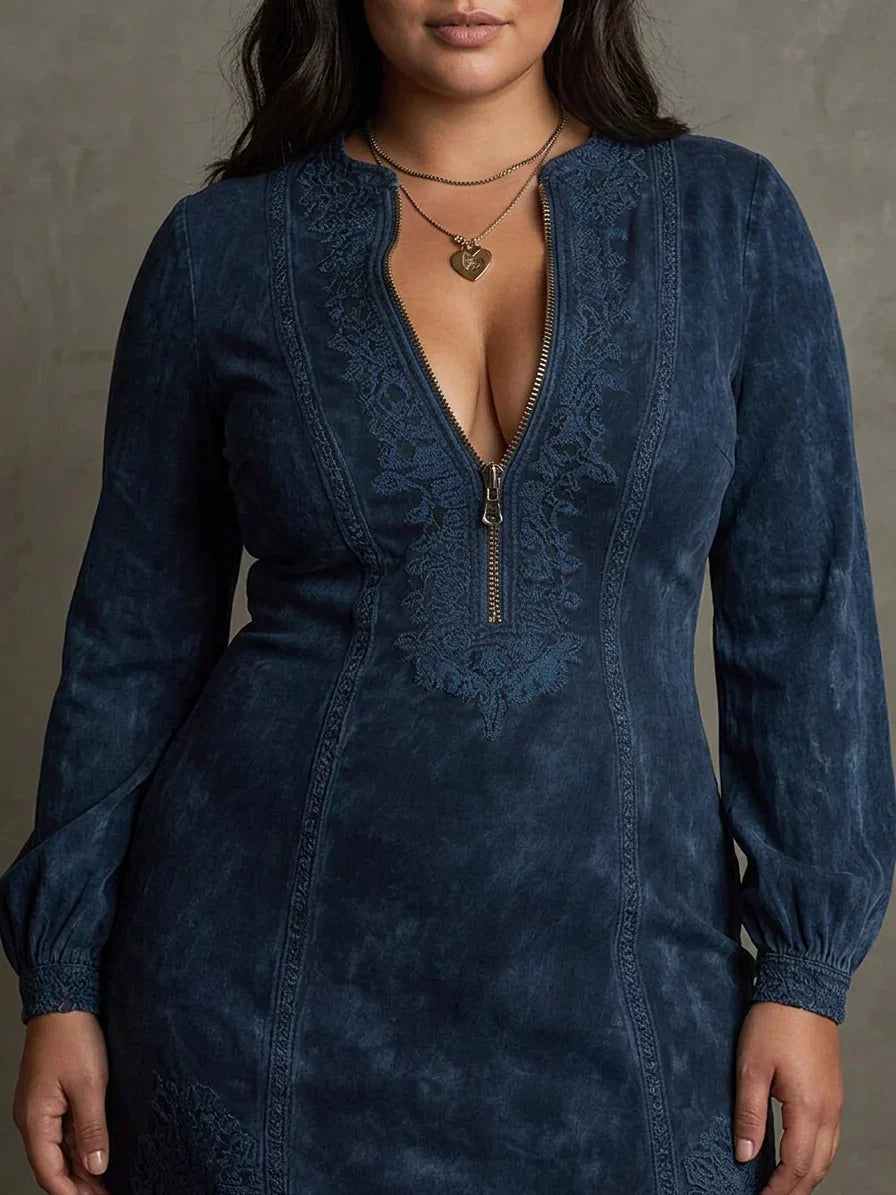 Layla – Blue Suede Mini Dress with Lace