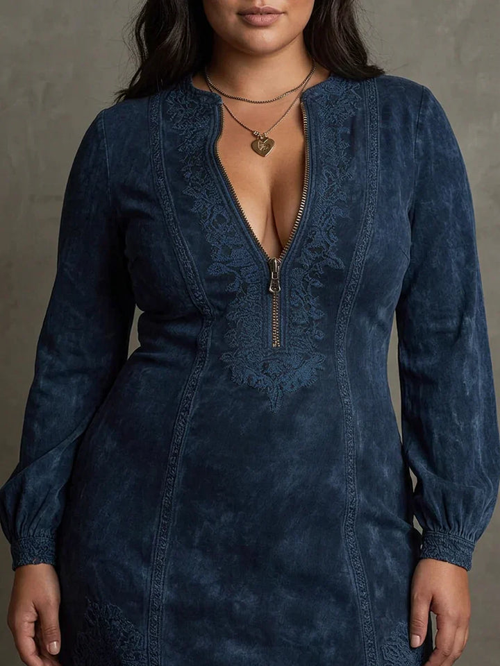 Layla – Blue Suede Mini Dress with Lace