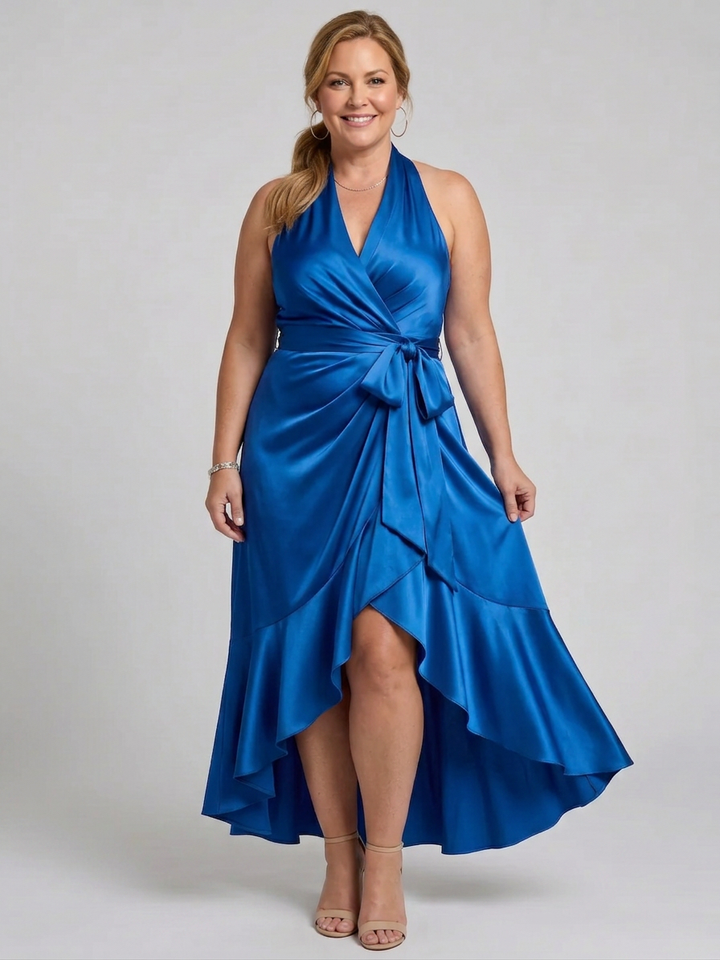 Amina | Halter Neck Wrap Asymmetric Hem Midi Dress