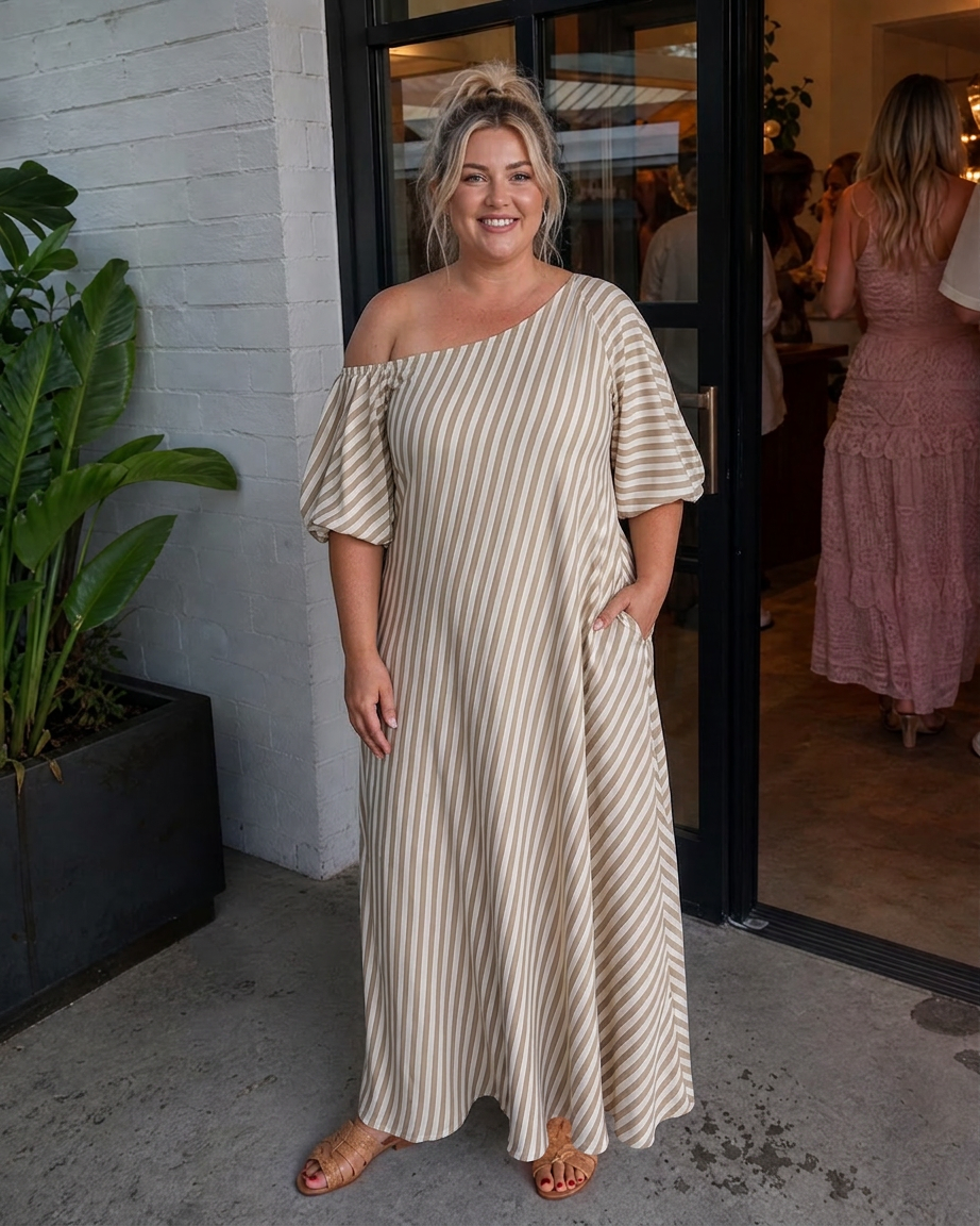 Seraphina | Striped Off Shoulder Puff Sleeve Midi Dress