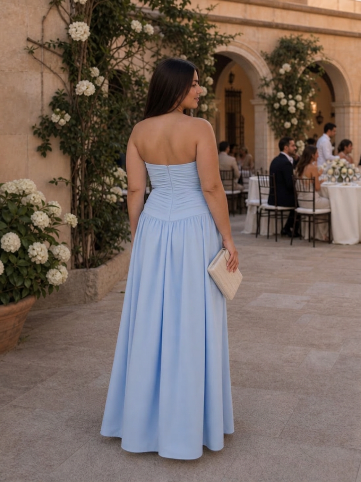 Clemence | Strapless Ruched Bodice Midi Dress