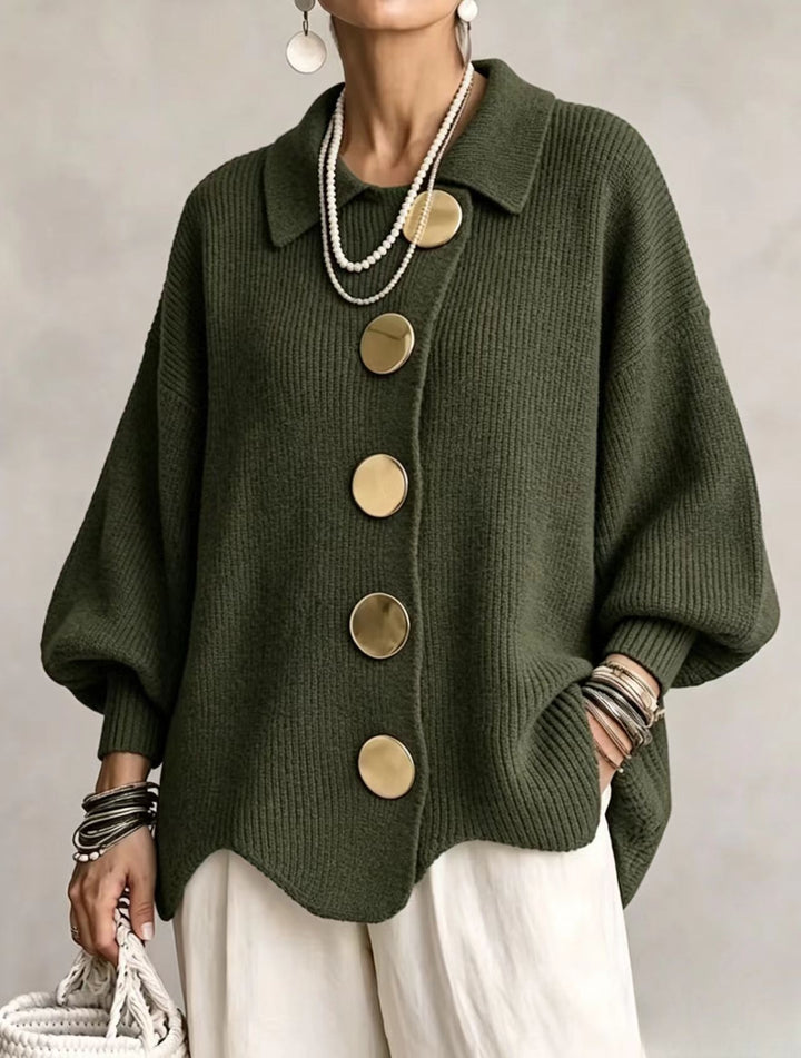 Button-Up Knit Cardigan with Lapel, Loose Fit Long Sleeve